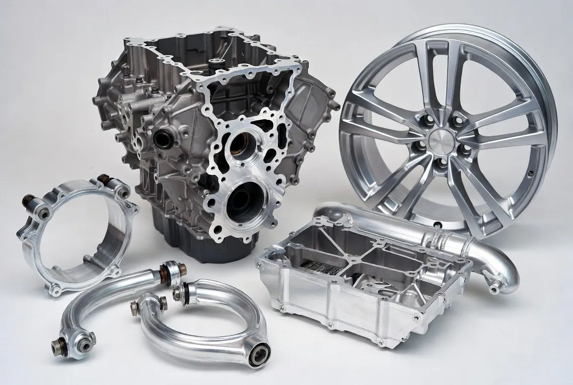 CNC milled, die cast and metal 3D printed aluminum alloy automotive and aerospace parts including body panels, wheels, engine blocks, suspension arms, battery housings and heat exchangers in 6061, 7075, A380, 5052 alloys with lightweight silver finish on clean white background